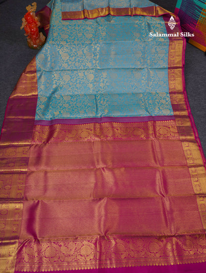 Beautiful Sea Blue Pure Kanjivaram Silk Saree With Contrast Magenta Traditional Evening Morning Border