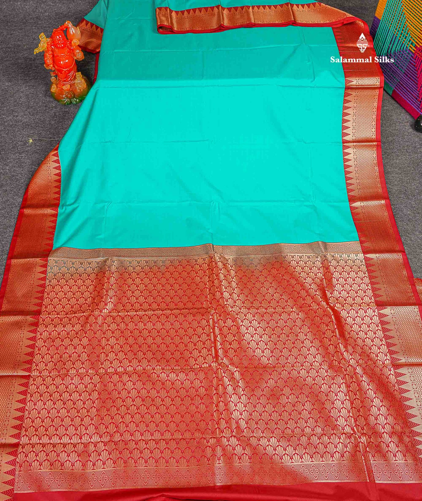 Semi Silk Saree - Sea Green Colour Body Plain With Contrast Maroon Traditional Temple Border 
