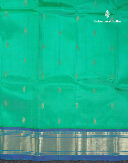 Beautiful Saffire Green Pure Kanjivaram Silk Saree With Contrast Ramar Blue One Side Traditional Border