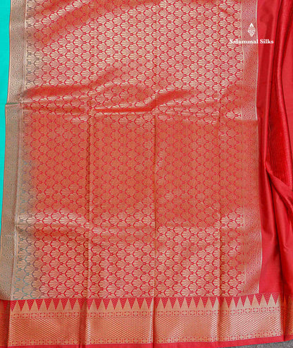Semi Silk Saree - Anandha Blue Colour Body Plain With Contrast Maroon Traditional Temple Border