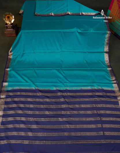 Semi Mysore Silk Saree - Teal Blue Colour Body Plain With Contrast Navy Blue Small Border 