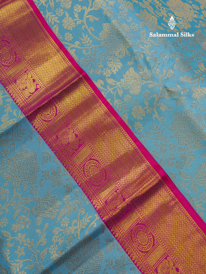 Beautiful Sea Blue Pure Kanjivaram Silk Saree With Contrast Magenta Traditional Evening Morning Border
