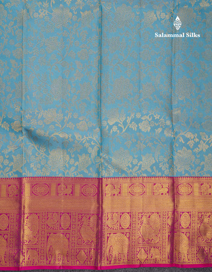 Beautiful Sea Blue Pure Kanjivaram Silk Saree With Contrast Magenta Traditional Evening Morning Border