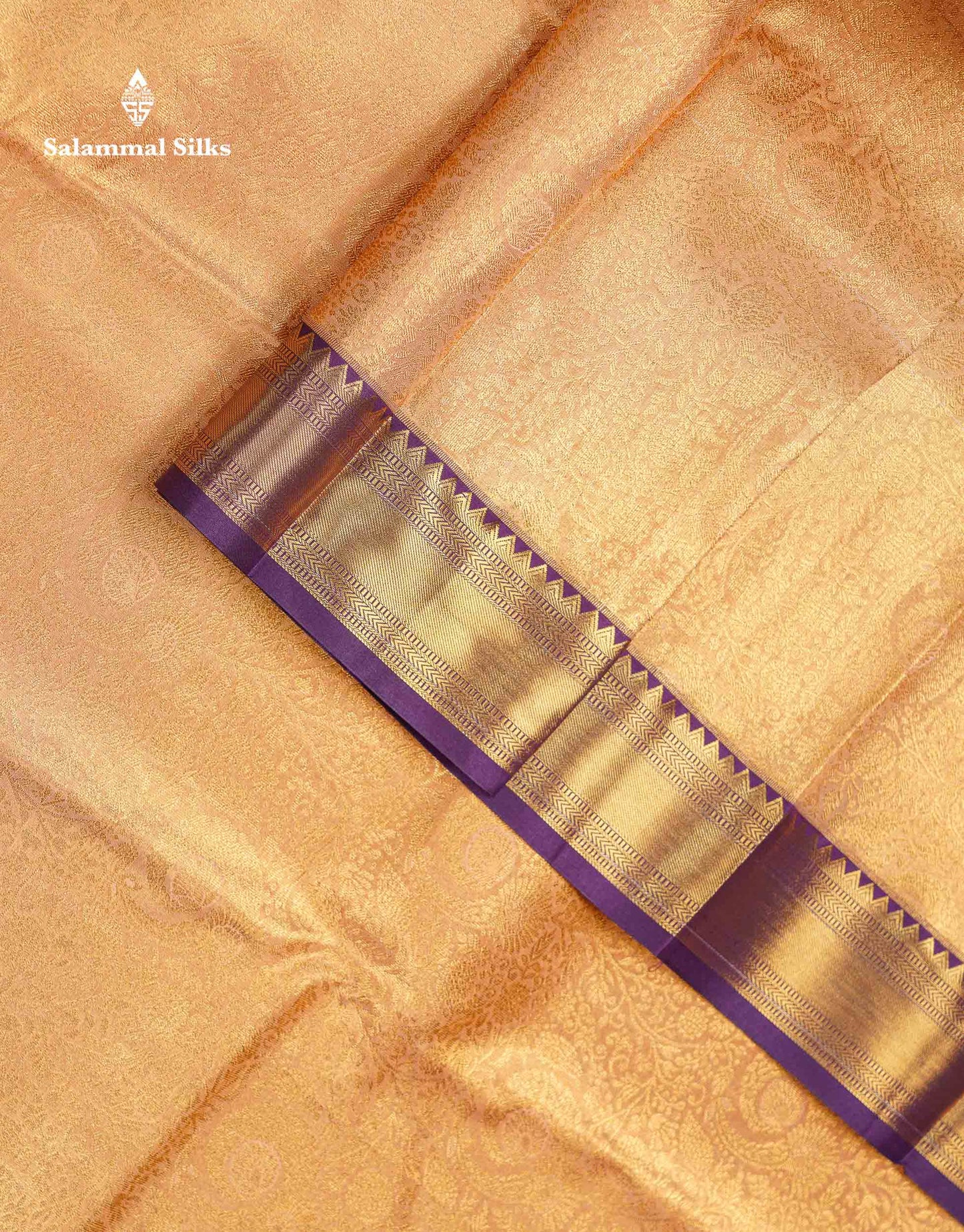Beautiful Light Peach Tissue Bridal Semi Silk Saree With Contrast Violet Traditional Evening Morning Border