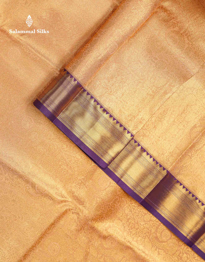 Beautiful Light Peach Tissue Bridal Semi Silk Saree With Contrast Violet Traditional Evening Morning Border