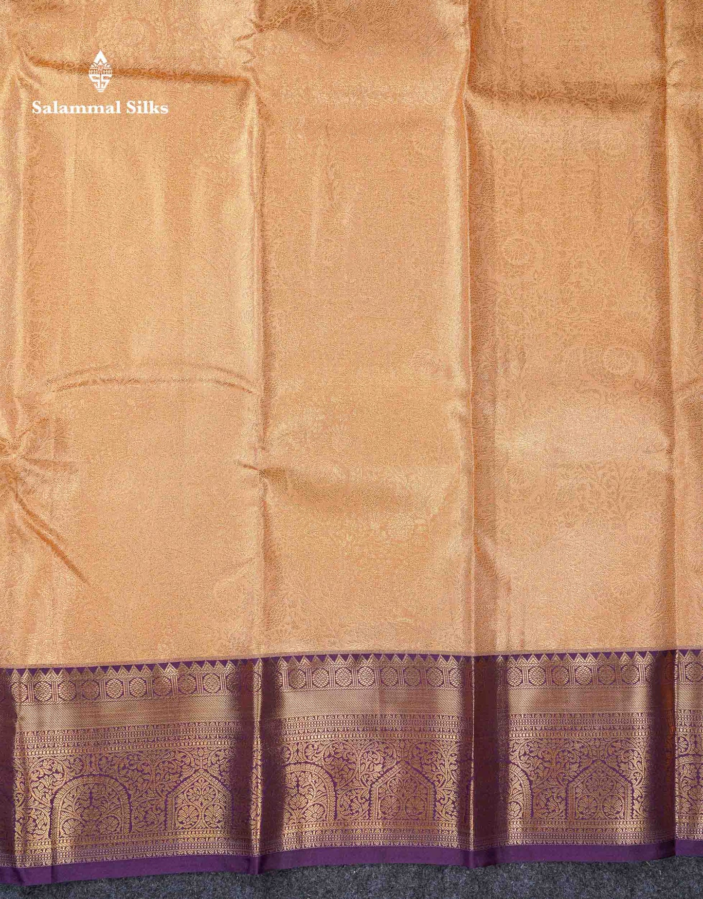 Beautiful Light Peach Tissue Bridal Semi Silk Saree With Contrast Violet Traditional Evening Morning Border