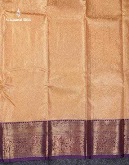 Beautiful Light Peach Tissue Bridal Semi Silk Saree With Contrast Violet Traditional Evening Morning Border