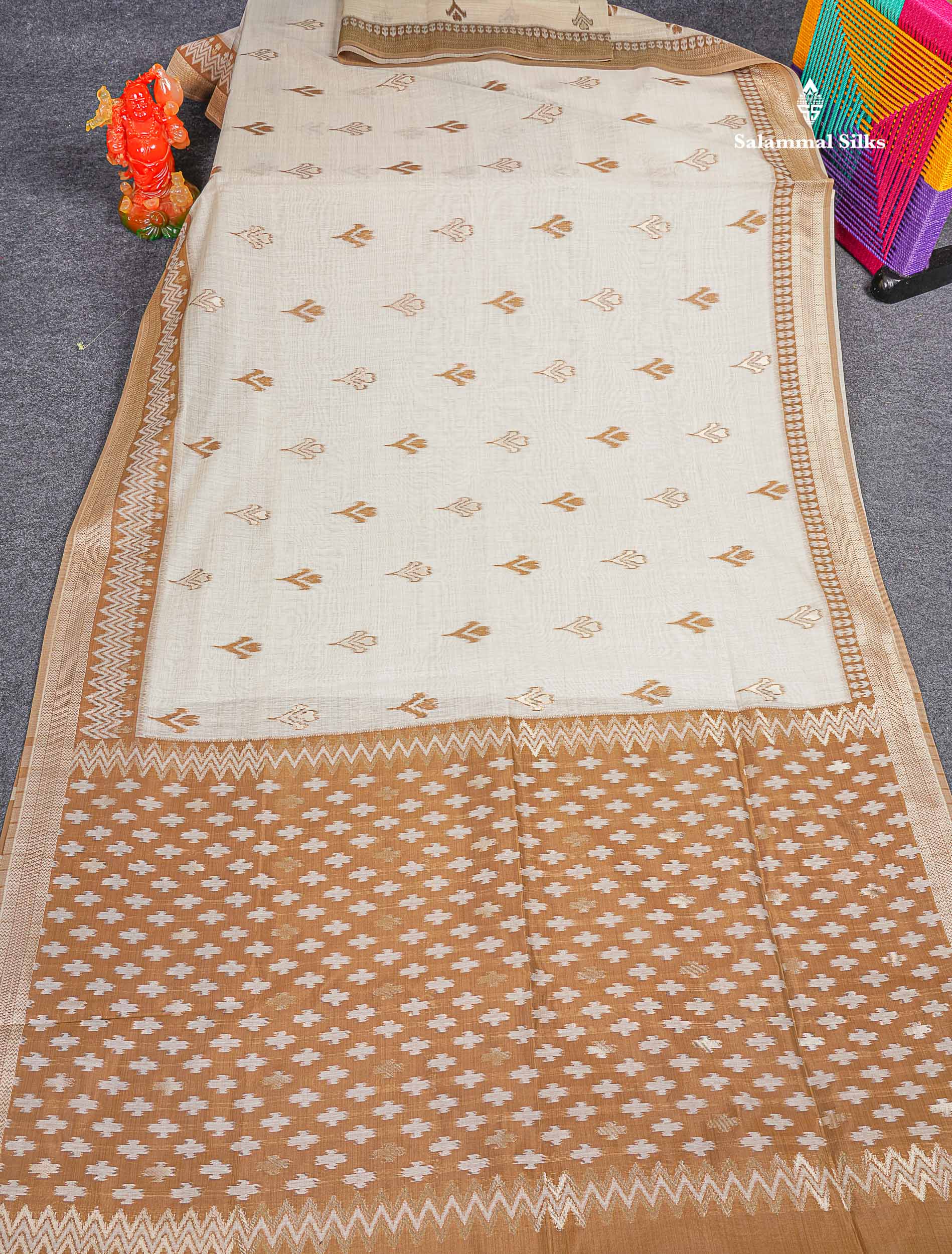 Cotton Mix Saree - Cream Sandal Colour Body With Contrast Brown Fancy Border 