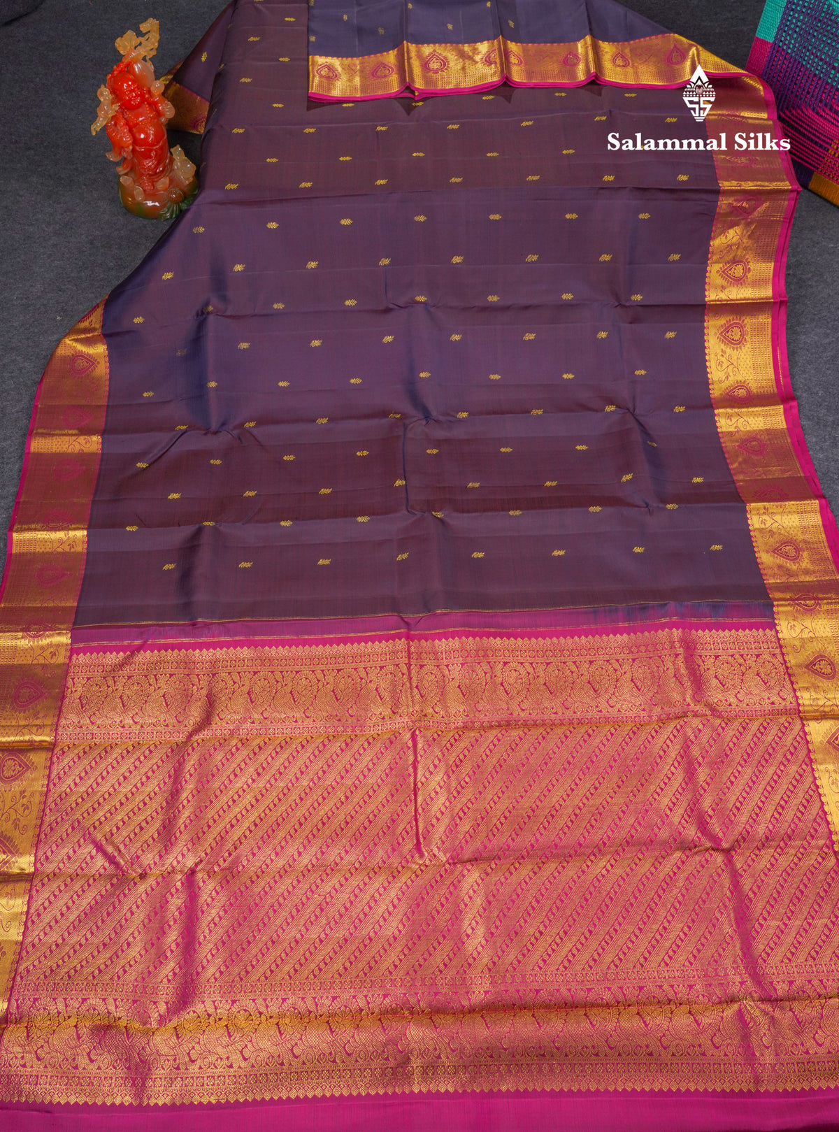 Beautiful Dual Tone Violet Pure Kanjivaram Silk Saree With Contrast Pink Traditional Border