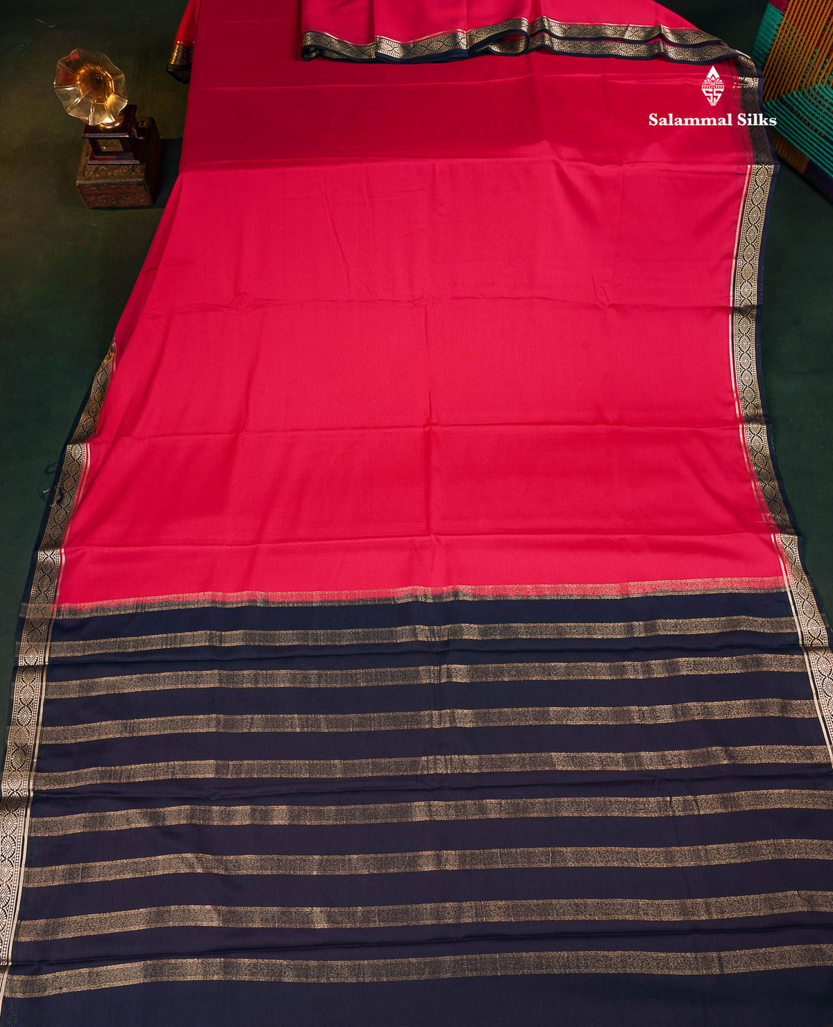 Semi Mysore Silk Saree - Pinkish Red Colour Body Plain With Contrast Navy Blue Small Border 