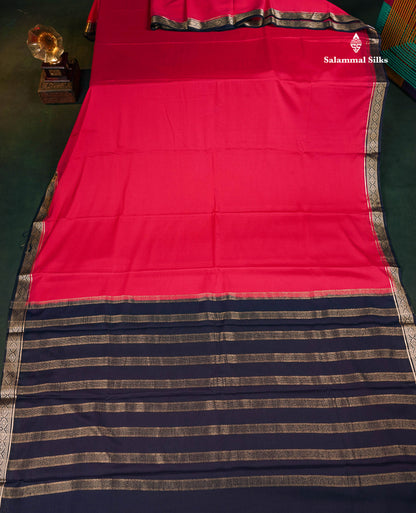 Semi Mysore Silk Saree - Pinkish Red Colour Body Plain With Contrast Navy Blue Small Border 