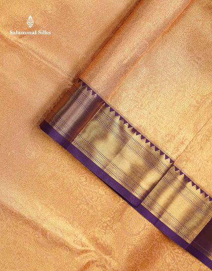 Beautiful Light Peach Tissue Bridal Semi Silk Saree With Contrast Violet Traditional Evening Morning Border