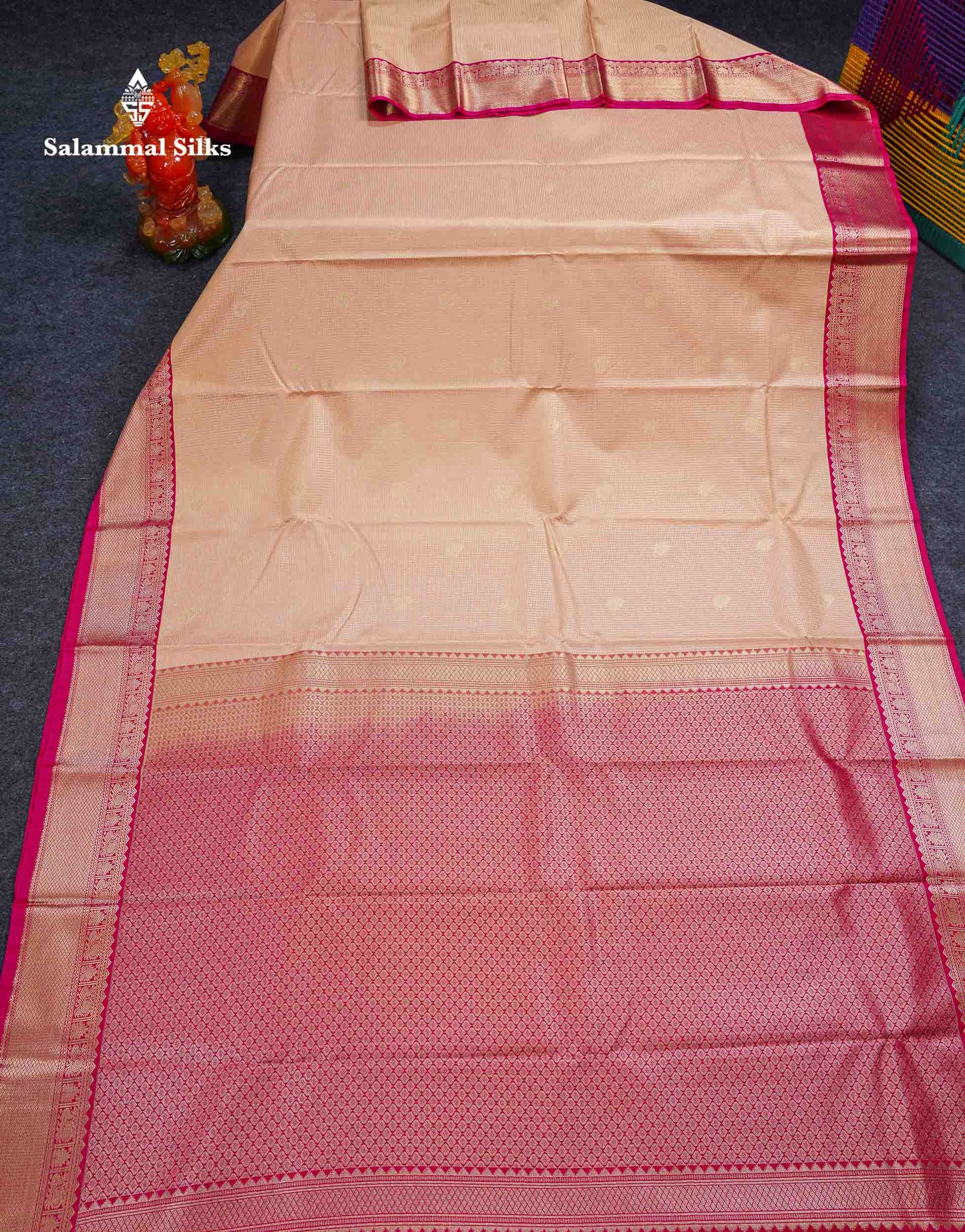Beautiful Light Peach Vaira Oosi Tiny Checks With Butta Semi Silk Saree With Contrast Pink Traditional Border