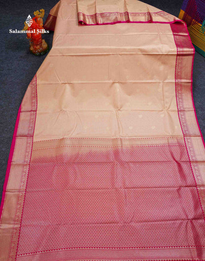 Beautiful Light Peach Vaira Oosi Tiny Checks With Butta Semi Silk Saree With Contrast Pink Traditional Border