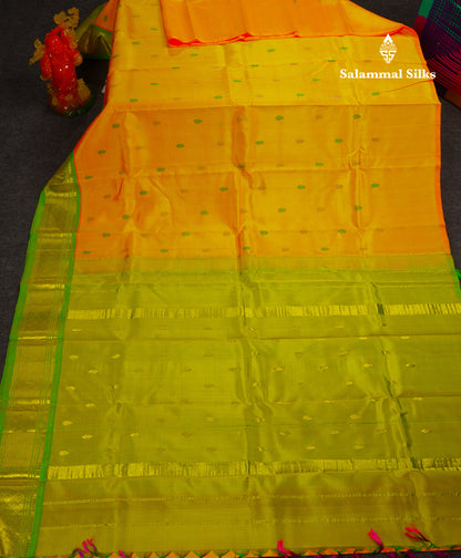 Beautiful Mango Yellow Pure Kanjivaram Silk Saree With Contrast Parrot Green One Side Traditional Border