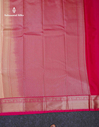 Beautiful Light Peach Vaira Oosi Tiny Checks With Butta Semi Silk Saree With Contrast Pink Traditional Border