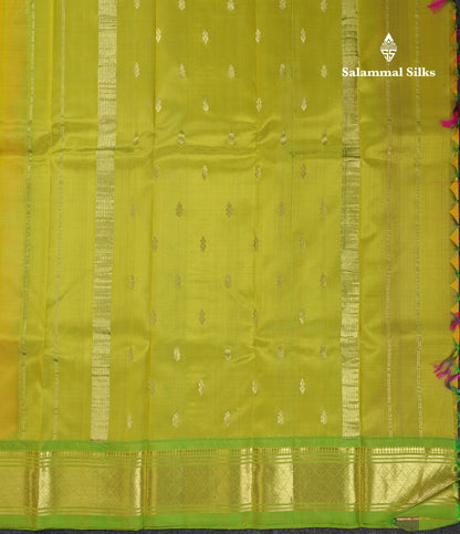Beautiful Mango Yellow Pure Kanjivaram Silk Saree With Contrast Parrot Green One Side Traditional Border