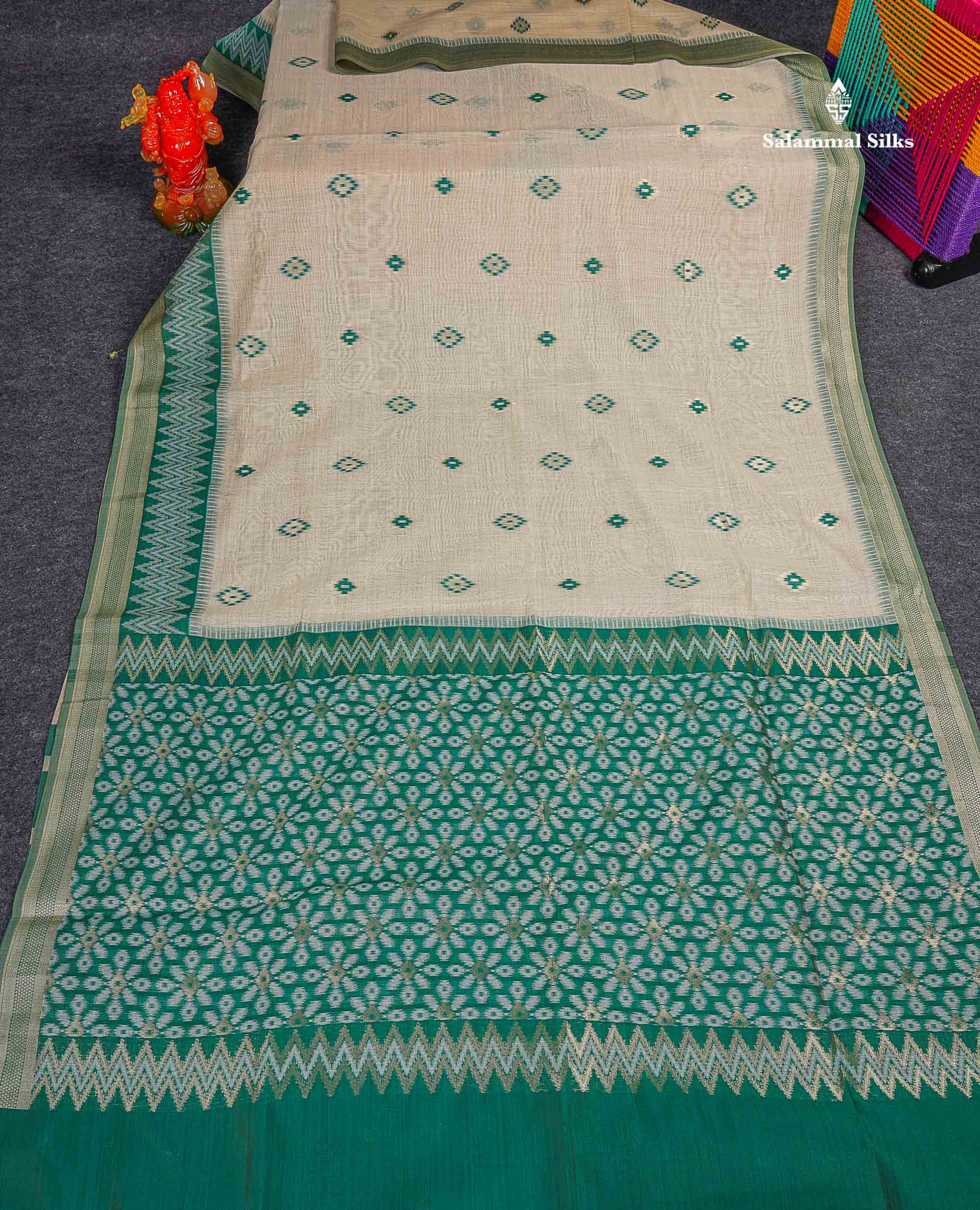 Cotton Mix Saree - Cream Sandal Colour Body With Contrast Sapphire Green Fancy Border 