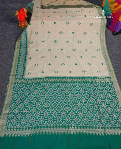 Cotton Mix Saree - Cream Sandal Colour Body With Contrast Sapphire Green Fancy Border 