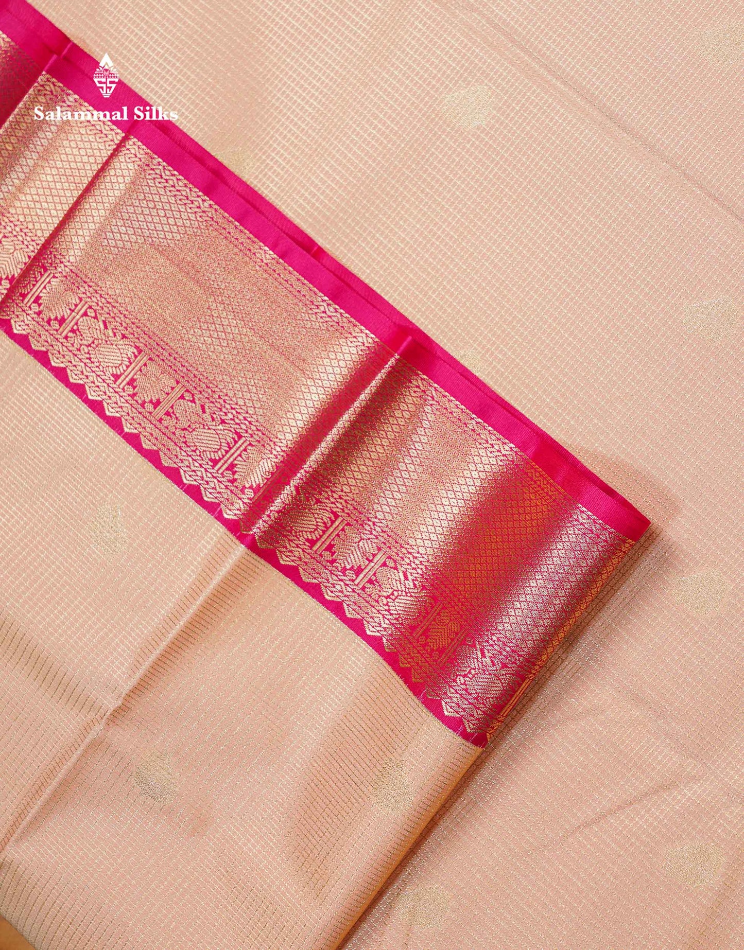 Beautiful Light Peach Vaira Oosi Tiny Checks With Butta Semi Silk Saree With Contrast Pink Traditional Border