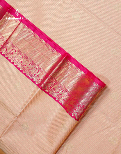 Beautiful Light Peach Vaira Oosi Tiny Checks With Butta Semi Silk Saree With Contrast Pink Traditional Border