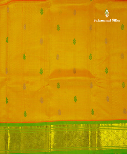 Beautiful Mango Yellow Pure Kanjivaram Silk Saree With Contrast Parrot Green One Side Traditional Border
