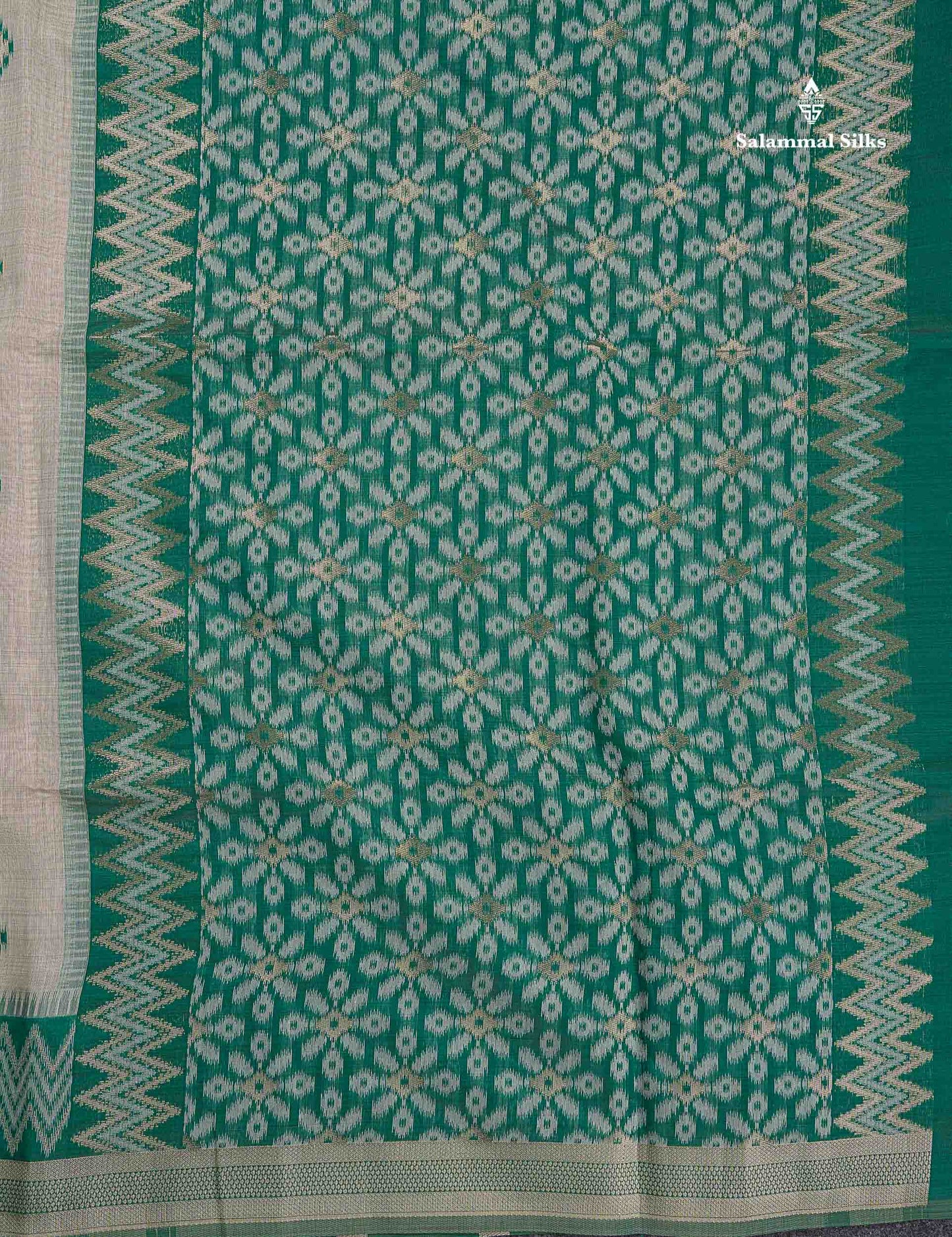 Cotton Mix Saree - Cream Sandal Colour Body With Contrast Sapphire Green Fancy Border