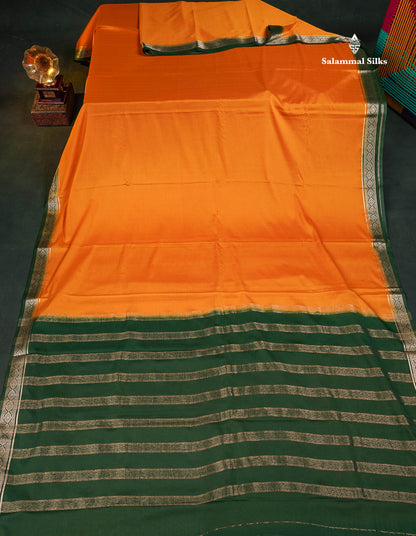 Semi Mysore Silk Saree - Mango Yellow Colour Body Plain With Contrast Bottle Green Small Border 