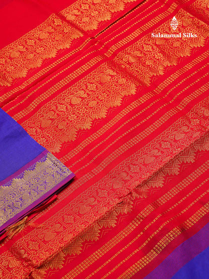 Beautiful Violet Plain Semi Silk Cotton Saree With Contrast Chilly Red Blouse
