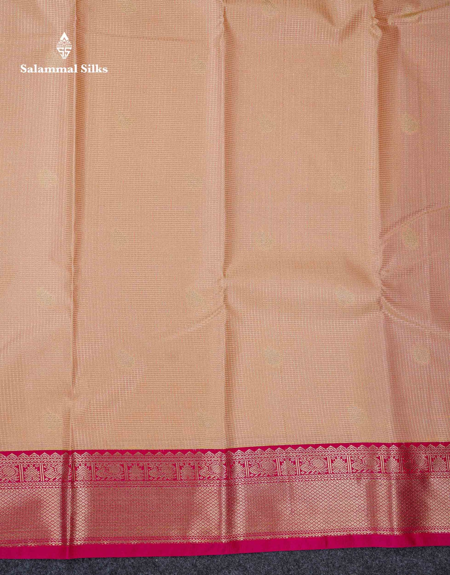 Beautiful Light Peach Vaira Oosi Tiny Checks With Butta Semi Silk Saree With Contrast Pink Traditional Border