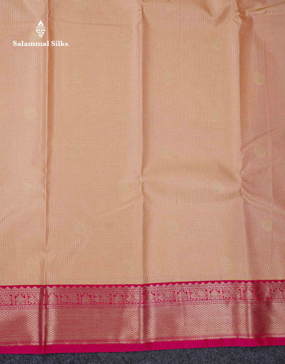 Beautiful Light Peach Vaira Oosi Tiny Checks With Butta Semi Silk Saree With Contrast Pink Traditional Border