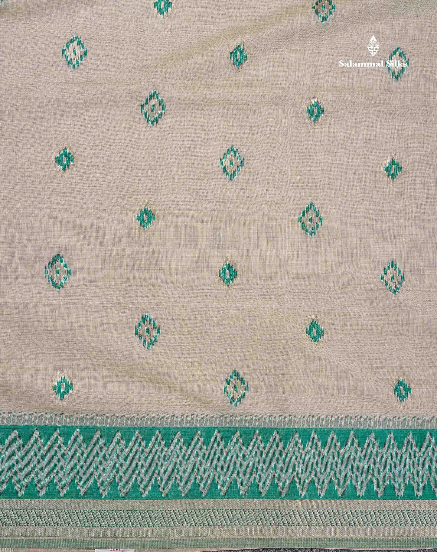 Cotton Mix Saree - Cream Sandal Colour Body With Contrast Sapphire Green Fancy Border