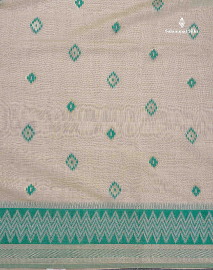 Cotton Mix Saree - Cream Sandal Colour Body With Contrast Sapphire Green Fancy Border
