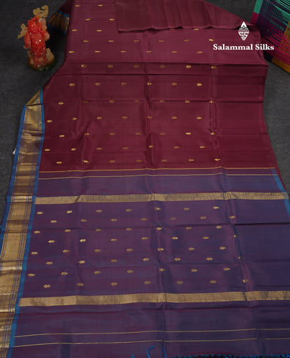 Beautiful Dark Magenta Pure Kanjivaram Silk Saree With Contrast Peacock Blue One Side Traditional Border