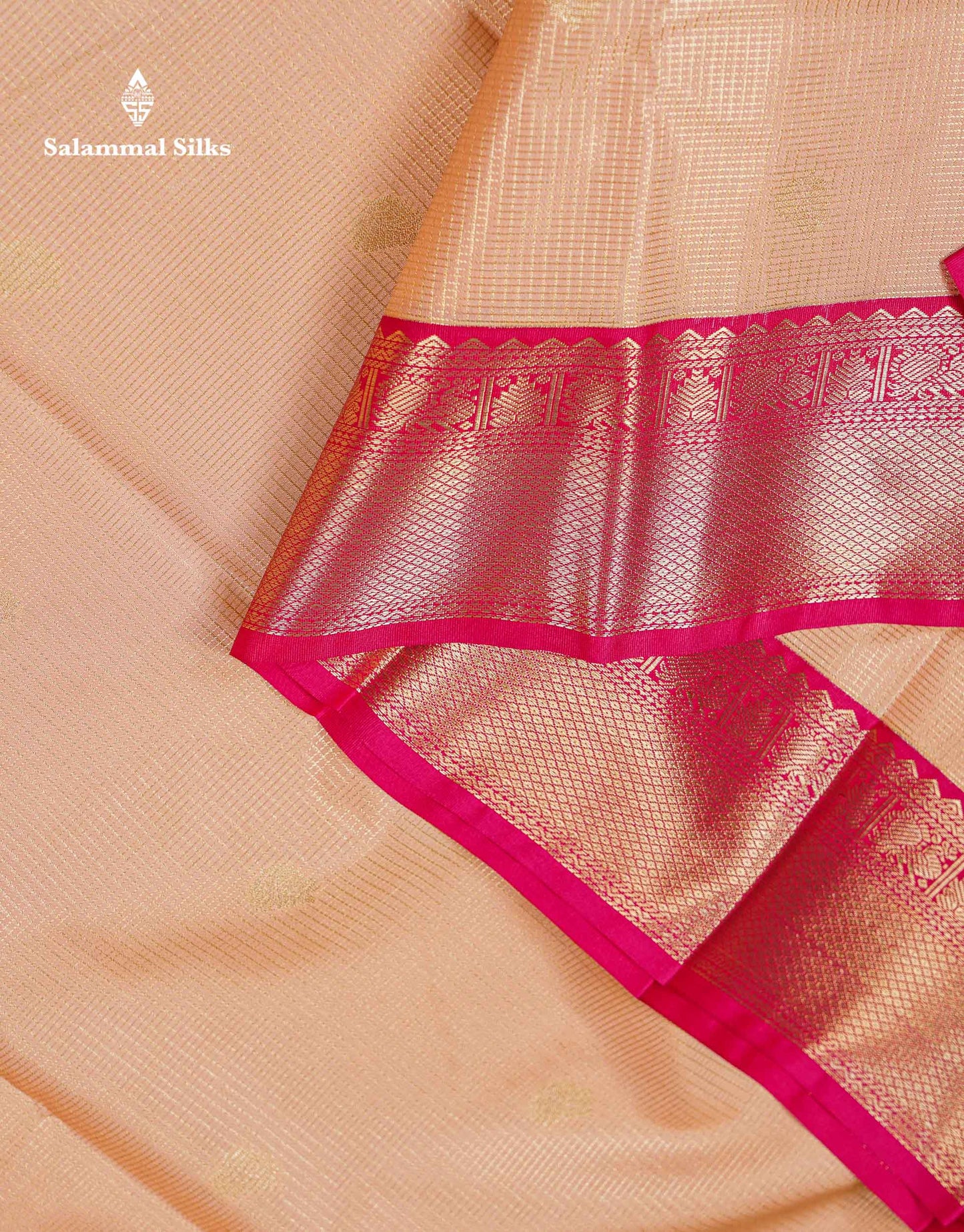 Beautiful Light Peach Vaira Oosi Tiny Checks With Butta Semi Silk Saree With Contrast Pink Traditional Border