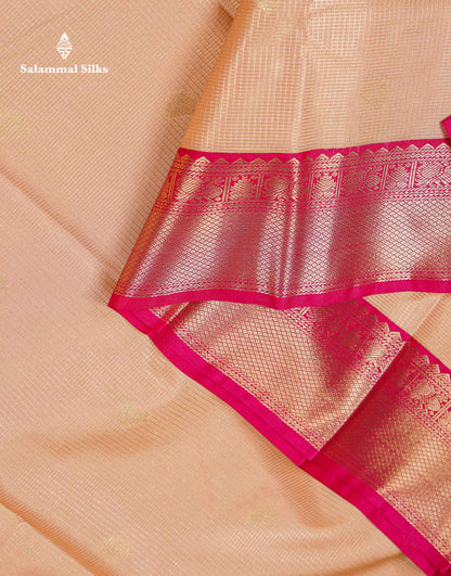 Beautiful Light Peach Vaira Oosi Tiny Checks With Butta Semi Silk Saree With Contrast Pink Traditional Border