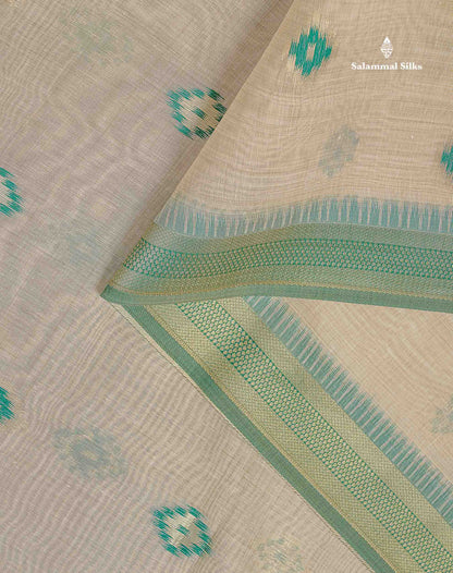 Cotton Mix Saree - Cream Sandal Colour Body With Contrast Sapphire Green Fancy Border