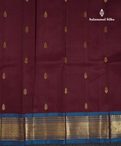 Beautiful Dark Magenta Pure Kanjivaram Silk Saree With Contrast Peacock Blue One Side Traditional Border