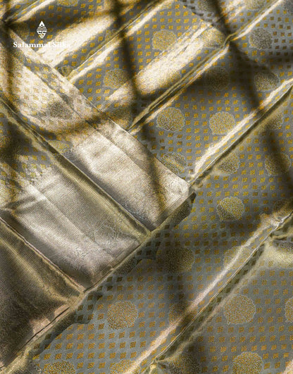 Beautiful Blueish Grey Tissue Bridal Pure Kanjivaram Silk Saree With Traditional Evening Morning Border