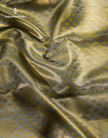 Beautiful Blueish Grey Tissue Bridal Pure Kanjivaram Silk Saree With Traditional Evening Morning Border