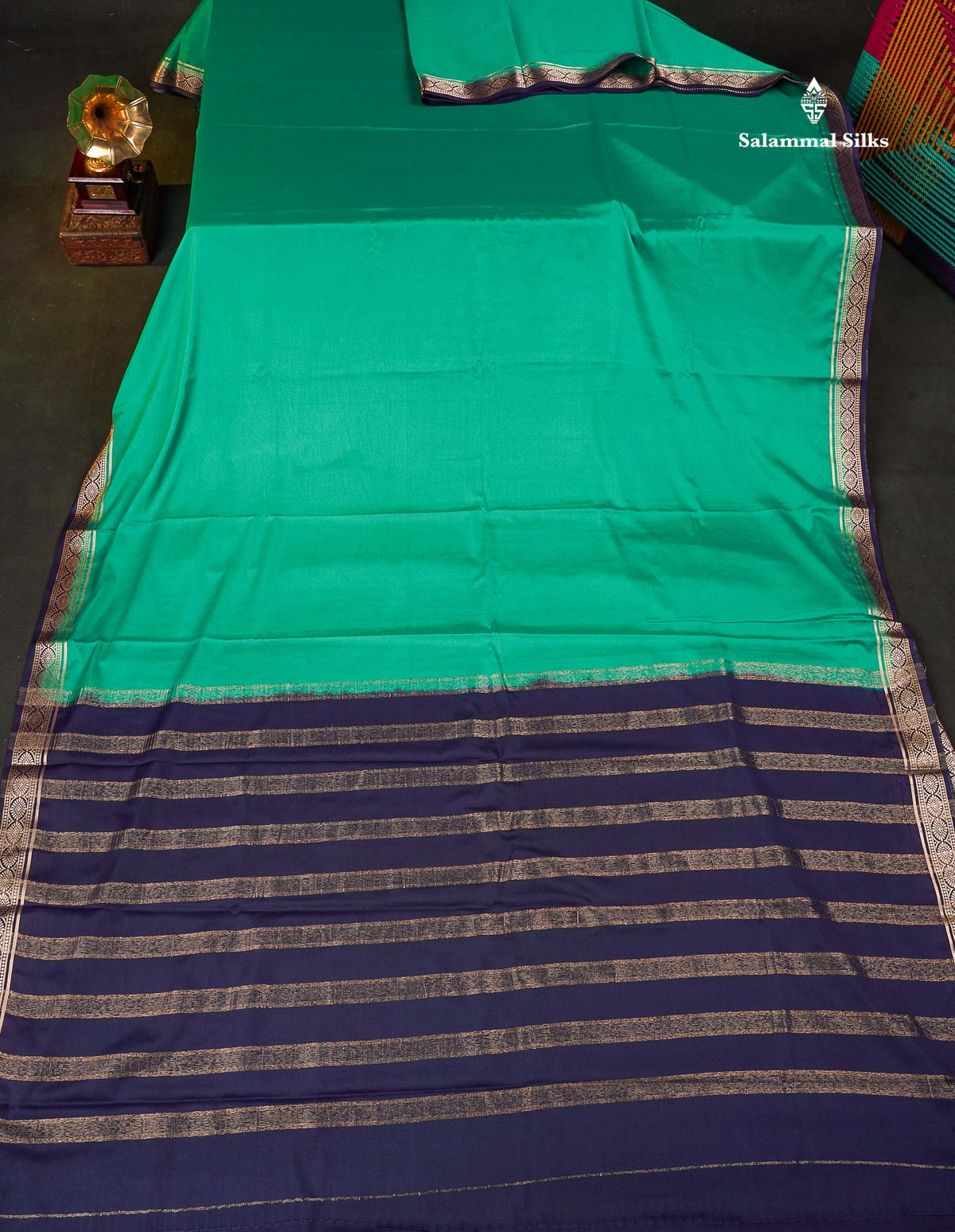 Semi Mysore Silk Saree - Sapphire Green Colour Body Plain With Contrast Navy Blue Small Border 