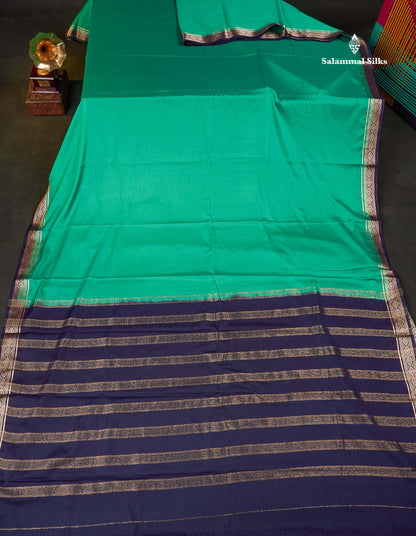 Semi Mysore Silk Saree - Sapphire Green Colour Body Plain With Contrast Navy Blue Small Border 