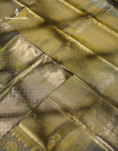 Beautiful Blueish Grey Tissue Bridal Pure Kanjivaram Silk Saree With Traditional Evening Morning Border