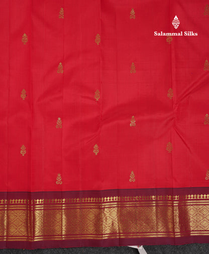 Beautiful Chilly Red Pure Kanjivaram Silk Saree With Contrast Maroon One Side Traditional Border