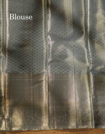 Beautiful Blueish Grey Tissue Bridal Pure Kanjivaram Silk Saree With Traditional Evening Morning Border