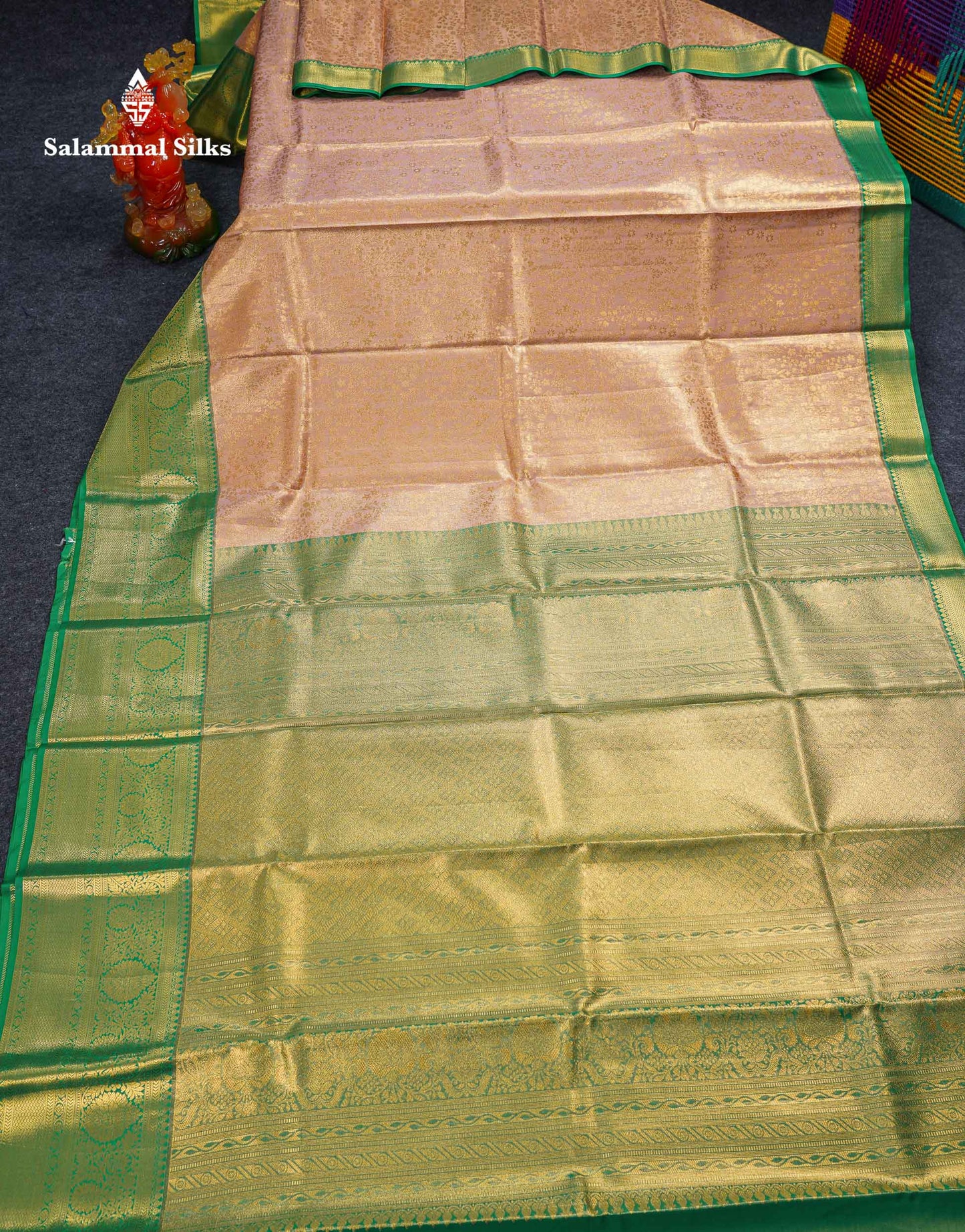 Beautiful Light Peach Tissue Bridal Semi Silk Saree With Contrast Green Traditional Evening Morning Border