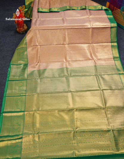 Beautiful Light Peach Tissue Bridal Semi Silk Saree With Contrast Green Traditional Evening Morning Border