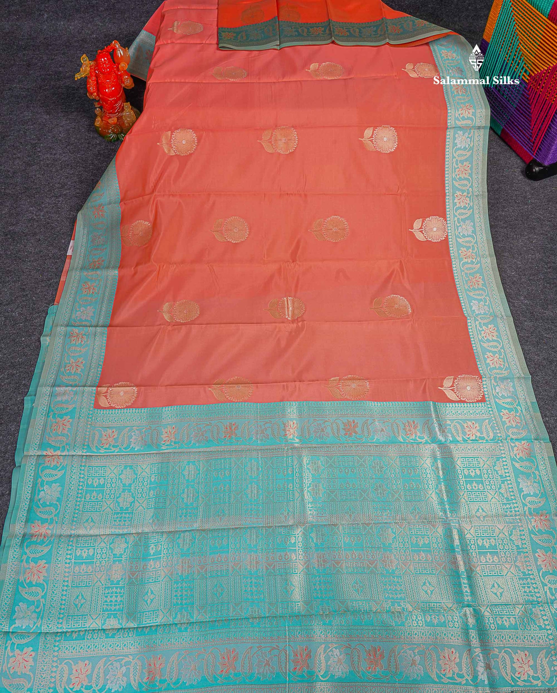 Semi Silk Saree -  Peach Colour Body With Contrast Sea Blue Fancy Border 