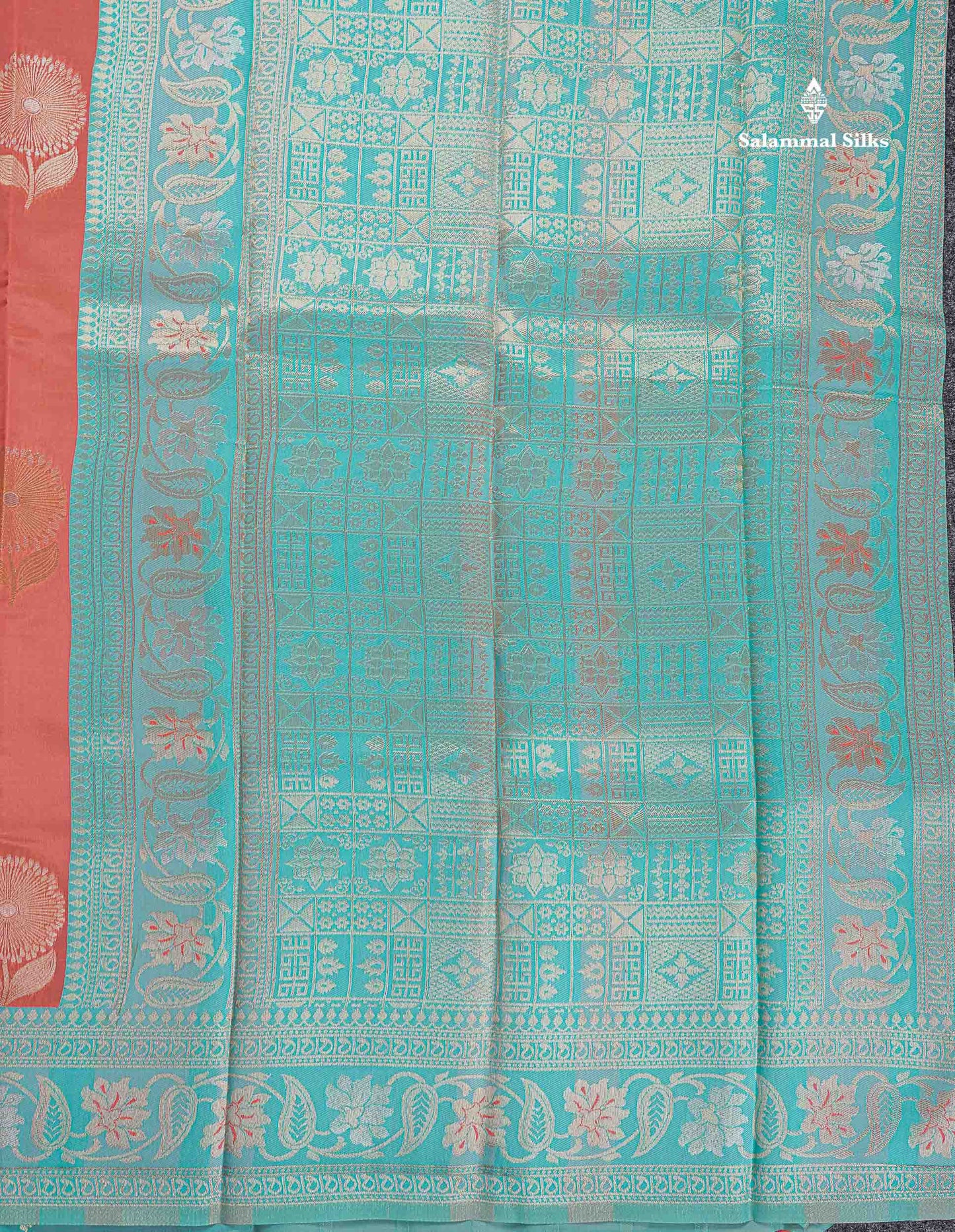 Semi Silk Saree - Peach Colour Body With Contrast Sea Blue Fancy Border