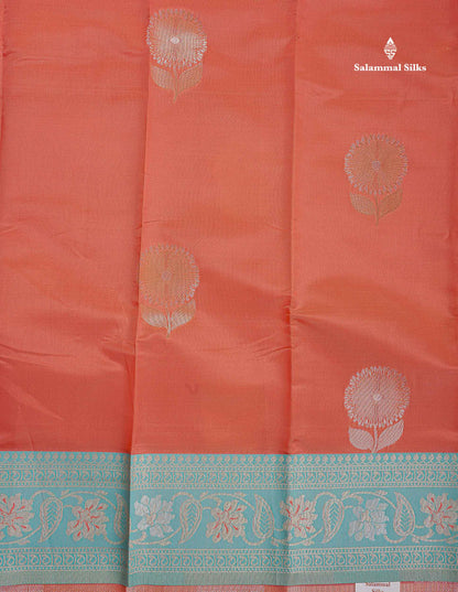 Semi Silk Saree - Peach Colour Body With Contrast Sea Blue Fancy Border